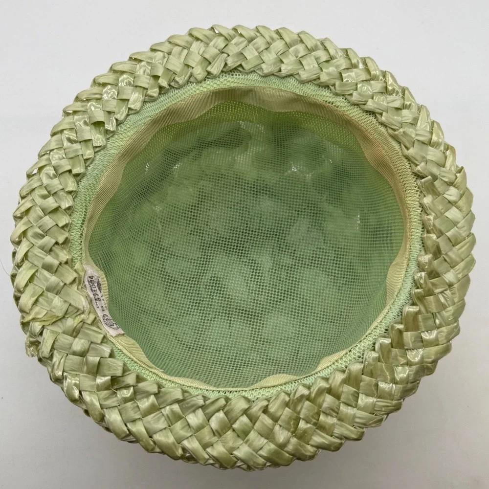 VTG Wilk's Green Floral Straw Pillbox Hat Original Box Mid Century union 50s 60s